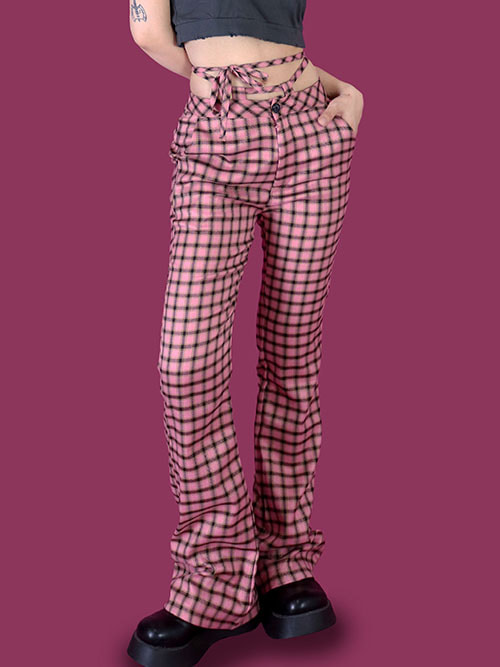 pink check low boots-cut pants