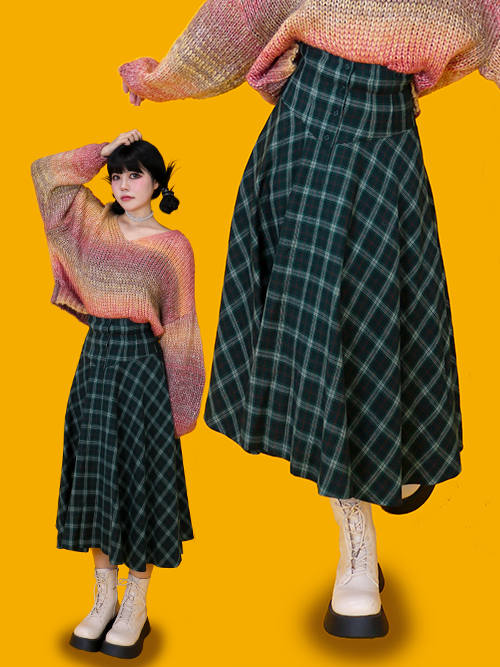 [vintage] green check long skirt