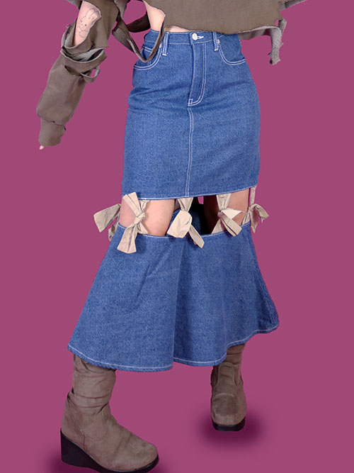 [vintage] ribbon denim long skirt