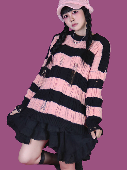 striped pink damage knit