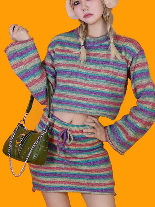 hippie rainbow knit top + skirt set