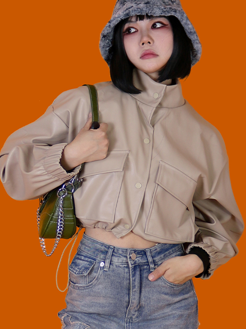 short snap leather jacket (2color)