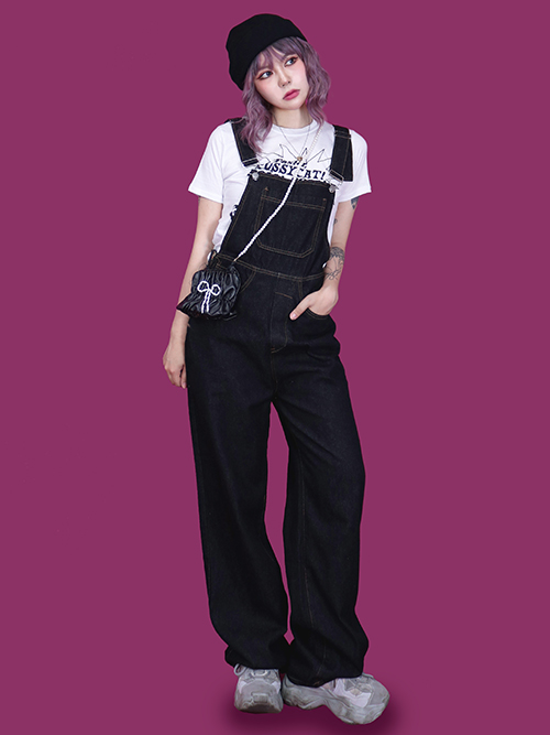 black overall wide pants