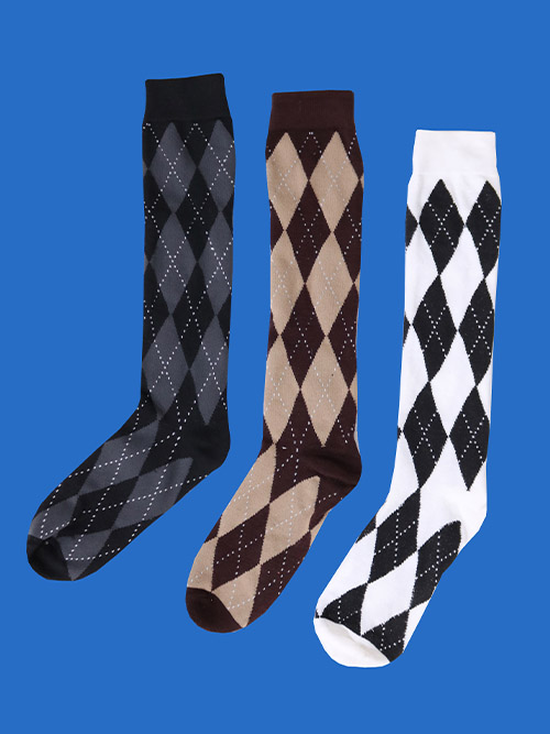 diamond check knee-socks (3color)
